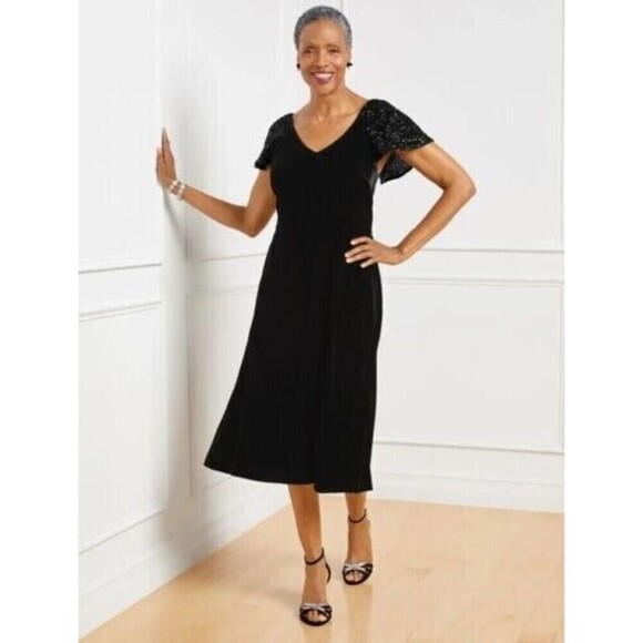NWT Talbots Velvet Midi Dress 16W Black Sequin Flare short Sleeve Wedding Party - Picture 1 of 11
